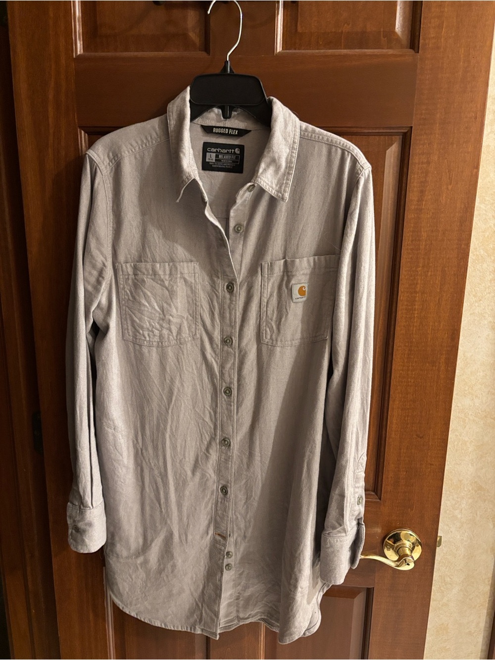 Carhartt Light Gray/Tan Long-Sleeve Shirt with Chest Pockets, Sz Large (12-14)